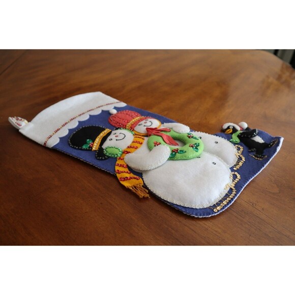 Vtg SNOWMAN 20" Handmade Felt Applique Puffy Stocking Penguin FINISHED - Picture 9 of 11